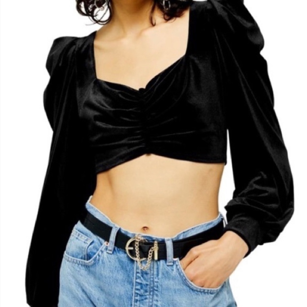 Topshop sweetheart velvet crop top black long sleeve puff sleeve shirt 10